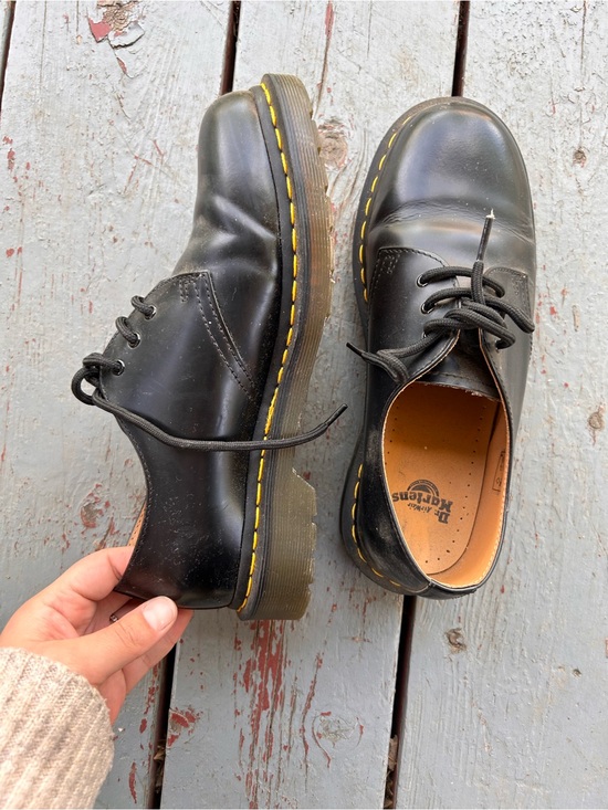 Dr. Martens Shoes - Dr. Martens Black Leather Lace-Up Flats with Yellow Stitching
